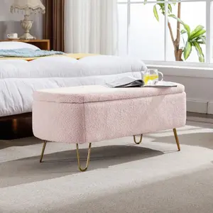 Pink Storage Ottoman Bench for End of Bed Gold Legs, Modern Grey Faux Fur Entryway Bench Upholstered Padded with Storage for Living Room Bedroom -W1170104172