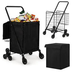 Garvee Upgraded-Stair Climbing Utility Cart, Heavy Duty, 360° Swivel Tri-Wheels, Dual Baskets With Waterproof Liner, Collapsible Carbon Steel Trolley, 135 lbs Load Capacity, For Groceries, Laundry and Camping