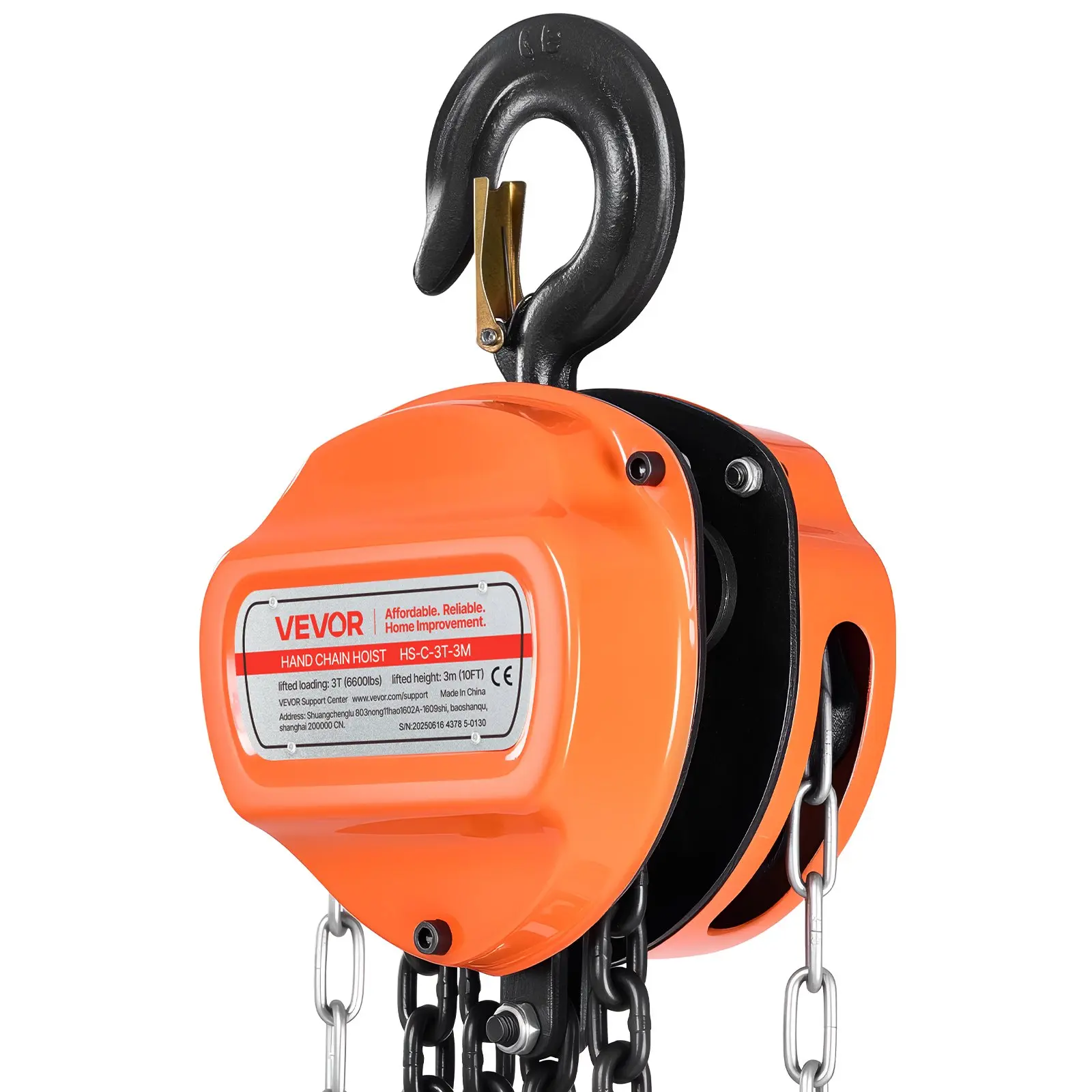 【Summerfinds】VEVOR  Hand Chain Hoist, 3 Ton 6600 lbs Capacity, Manual Chain Block with Upgrade G80 Galvanized Chain, 10 ft Lifting Height, Heavy Duty Pulley Hoist for Garage Warehouse Automotive Machinery, Orange, Hand Winch, Alloy Steel