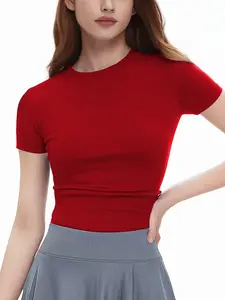 Women's Round Neck Short Sleeve Stretchy Soft Fitted Yoga Pilates Casual Wear, Comfortable Elastic Fabric Design, Ideal for Daily Use