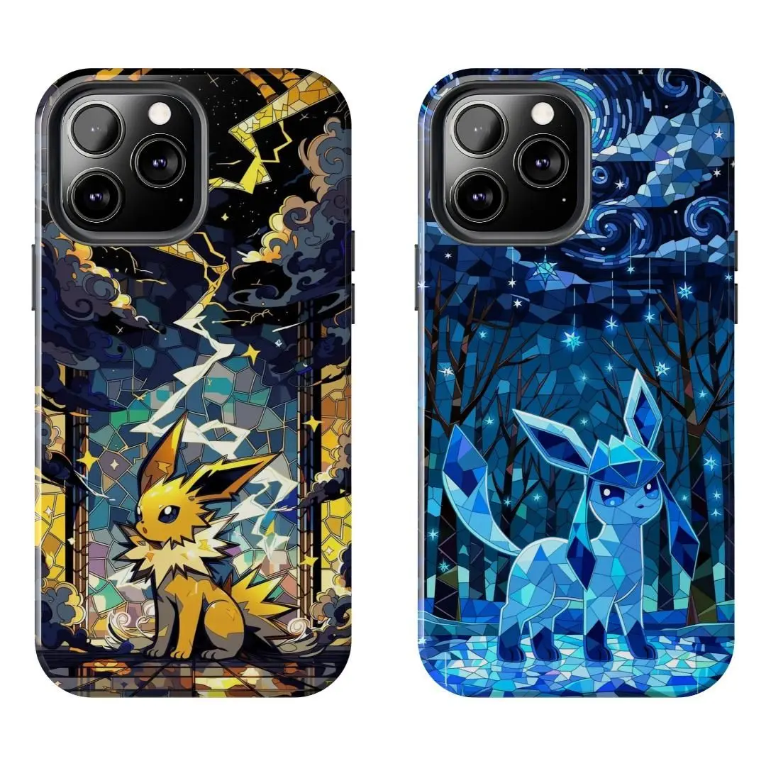 Jolteon Glaceon Pokemon Stained Glass Case for iPhone 17-7 Pro Max Plus & Samsung Galaxy S26-S21 Ultra Plus - Eeveelution Anime Mosaic Aesthetic Phone Cover unisex