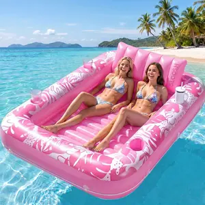 4-in-1 Inflatable Suntan Tub Raft Floatie for Adults – Portable Pool Lounger with Removable Pillow, 2 Cup Holders, & Drain Valve – Thickened PVC Supports 250lbs for Beach, Backyard, or Lake