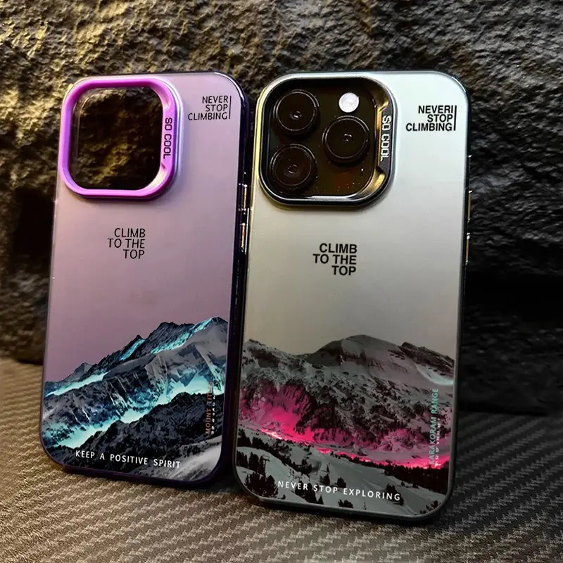 Snow Mountain Landscape Sunset Electroplate Silver Phone Case For iPhone 16 Pro 17 11 12 13 14 15 Pro Max Air 16E Back Cover Print Anti-fall Mobile Phone Case stylish protective Magnetic 360 Rotating Case with Full Protection high quality beautiful