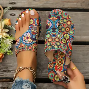 Women'S Bohemian Floral Pattern Slippers Sandals, Casual Ring Toe Flat Summer Shoes, Lightweight Slippers
