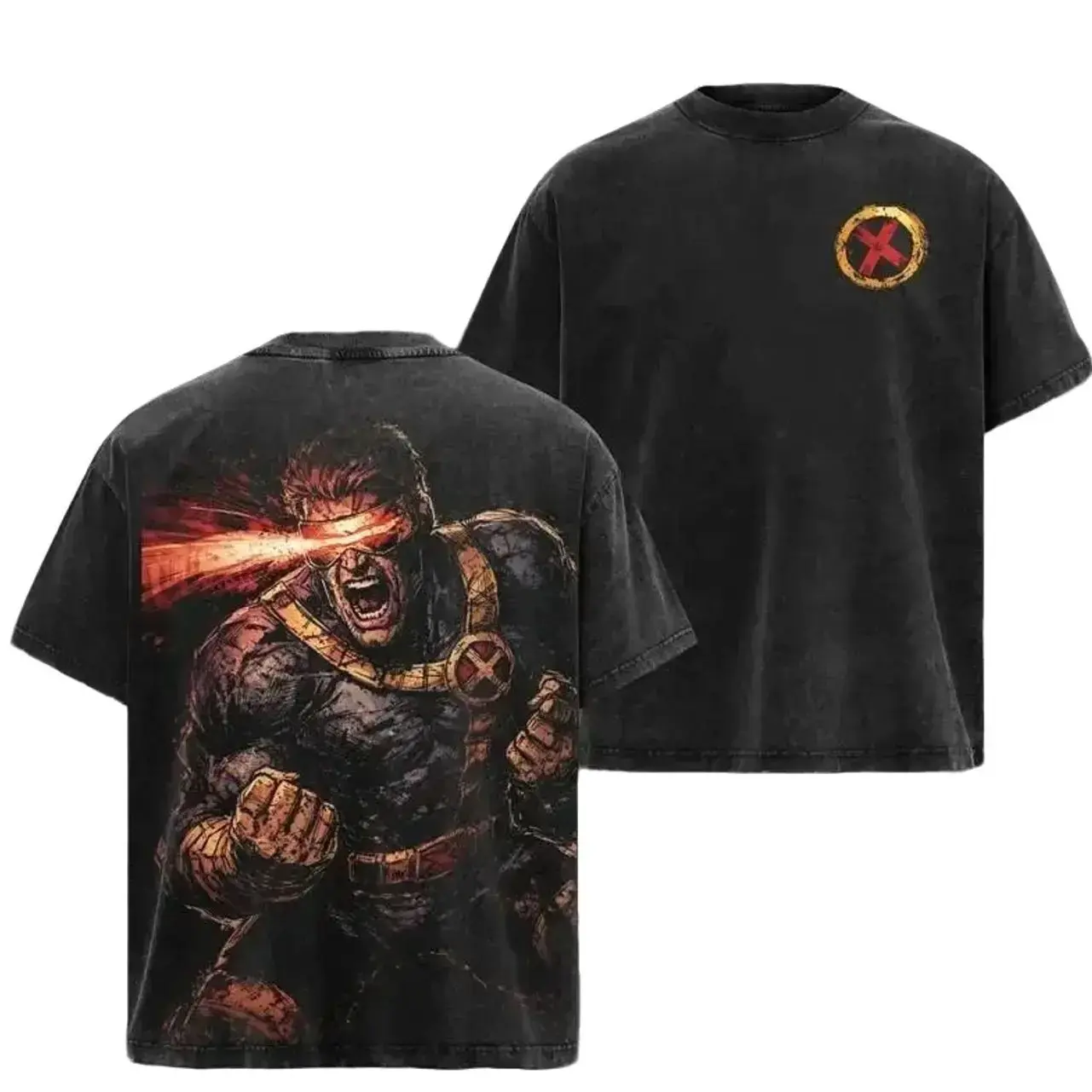 Men's Vintage Cyclops Acid Wash Distressed Graphic Tees - Oversized Drape Cotton Hoodie, Mutants Comic Double-Printed Lightweight Streetwear, Retro Superhero Scott Summers Collector Top