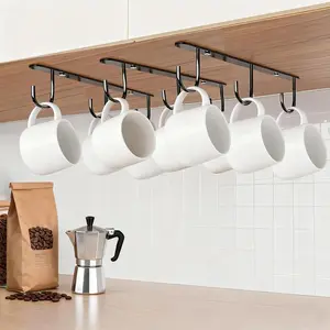 3pcs Under Cabinet Mug Hooks Adhesive Screw 2 Ways Install Mug Holder Coffee Cups Hook with 9 Hooks Mug Organizion Rack for Displaying Mugs Cups Kitchen Utensils Black