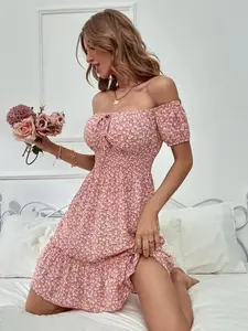 Bohemian Vacation Style Midi Dress - Square Neck, Short Puff Sleeve, Shirred Detail, Ruffle Hem, Polyester, Slight Stretch, Spring/Summer Casual Weekend Fitted Pullover