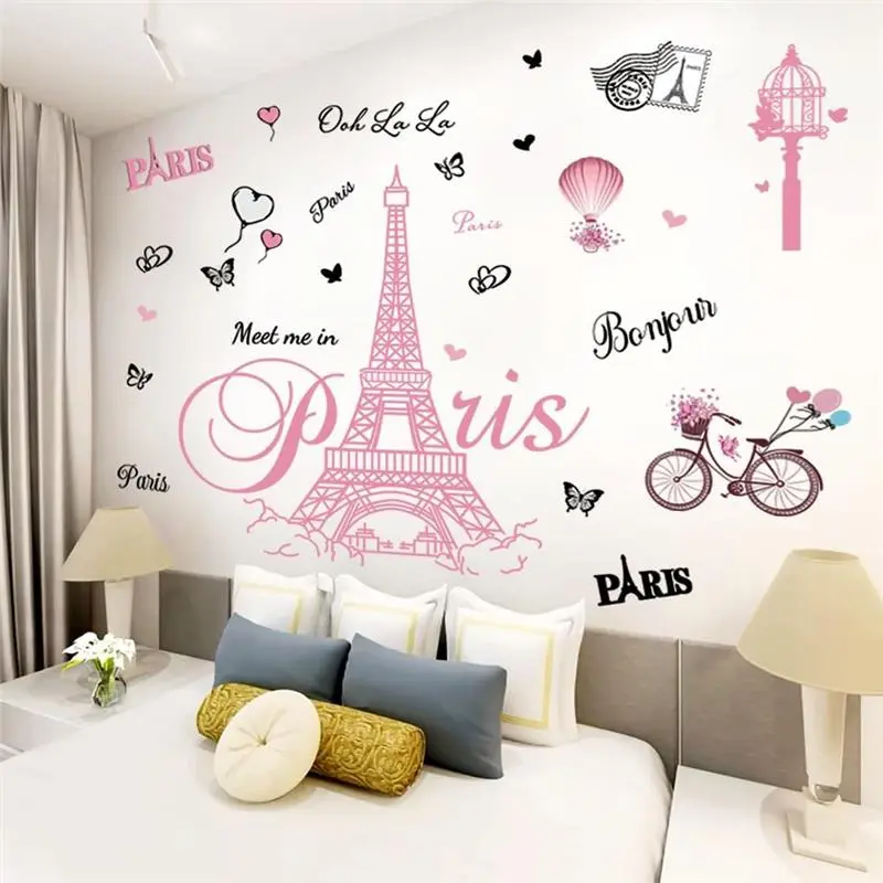 Pink Paris Tower Wall Stickers Bicycle Hot Air Balloon Eiffel Tower Wall Decal - Peel and Stick Vinyl Decor for Bedroom, Living Room & TV