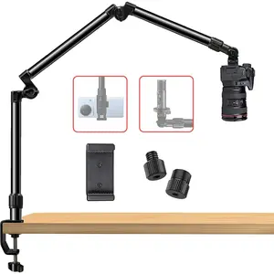 Overhead Camera Mount Desk Stand, Bearing 18lb, Base& Top 360? Adjustable, with 1/4" 3/8" 5/8" Screw, 3-Section Flexible Articulating Metal Arm for DSLR Camera/Webcam