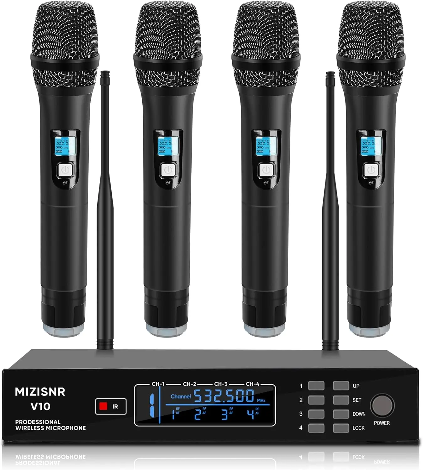 4 Channel Wireless Microphone System, Professional UHF Cordless Handheld Microphones set for Singer, Metal Receiver with Adjustable Frequency Auto Scan 300ft Range for Singing karaoke Speaking