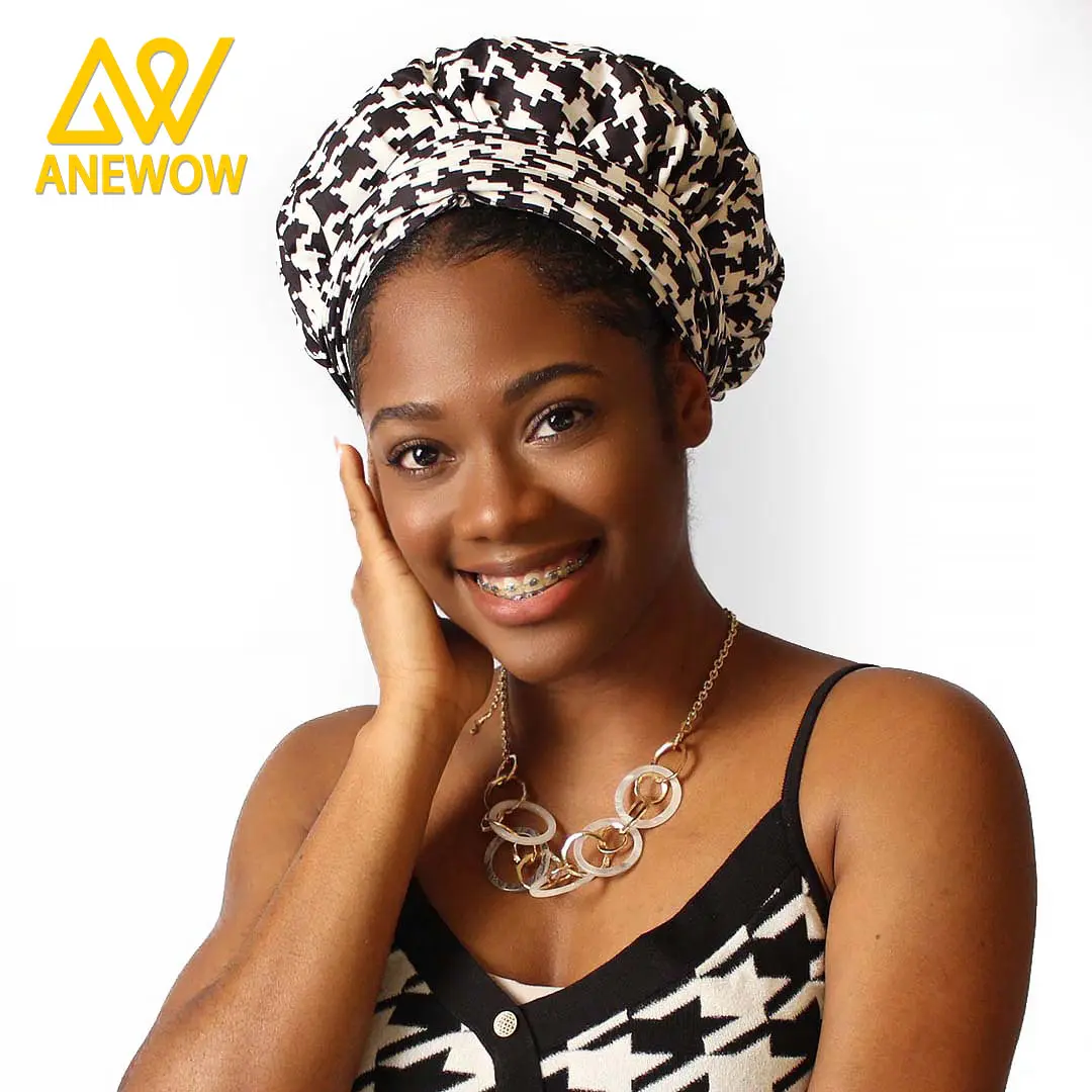 ANEWOW Black White Houndstooth Satin Lined Headwrap