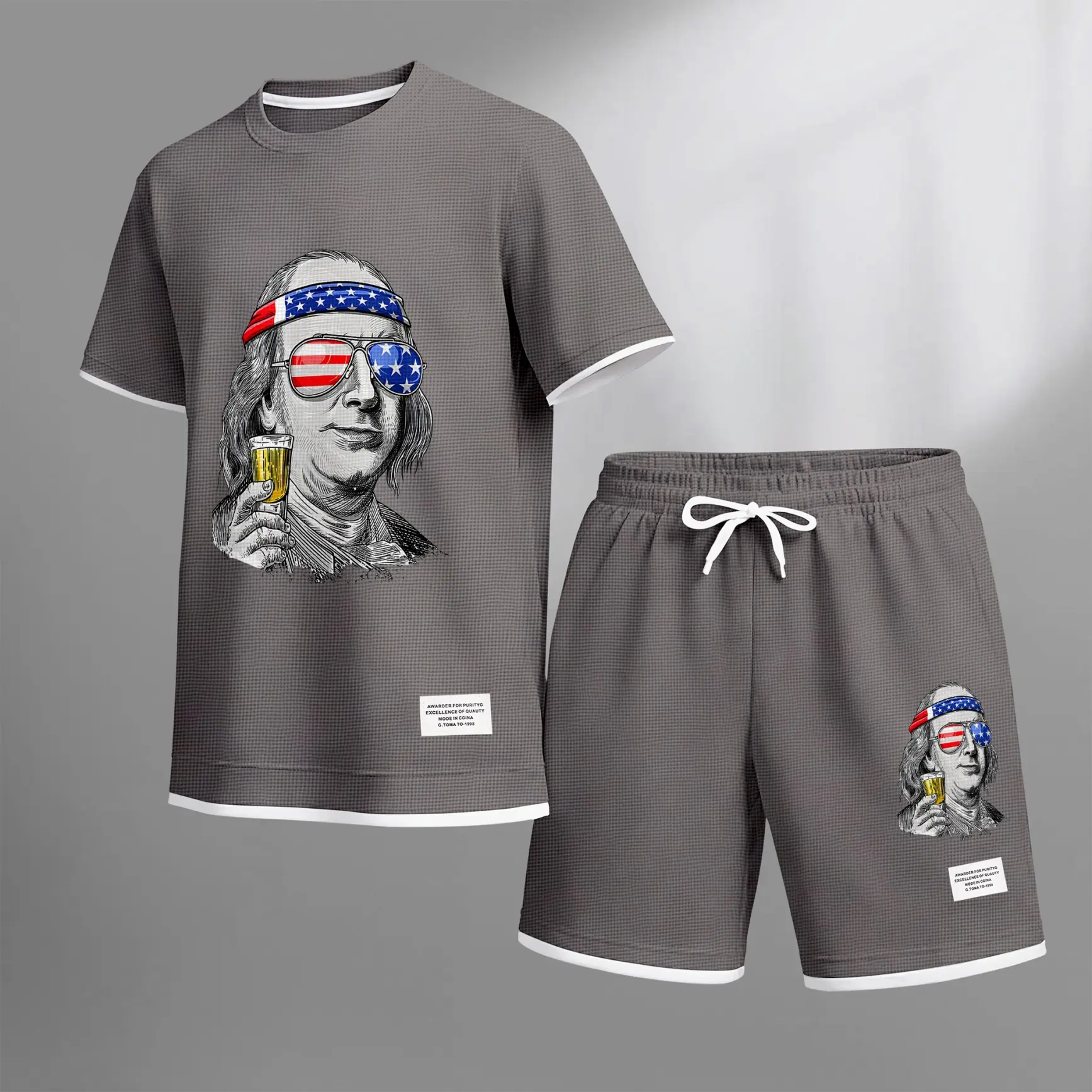 Men's Funny Patriotic Graphic T-Shirt and Shorts Set, Vintage Style Character Print Summer Two Piece Outfit, Lightweight Breathable Casual Streetwear, Comfortable Relaxed Fit Daily Wear