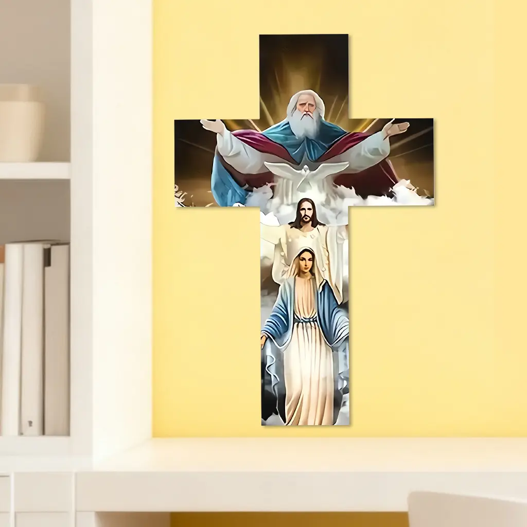 1pc Holy Trinity Mary Cross Sticker, Decorative Stickers, radiant religious art featuring sacred figures, perfect for spiritual decoration, self-adhesive waterproof wall sticker