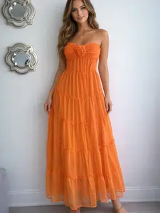 Orange Strapless Tiered Chiffon Maxi Dress with Flower Detail