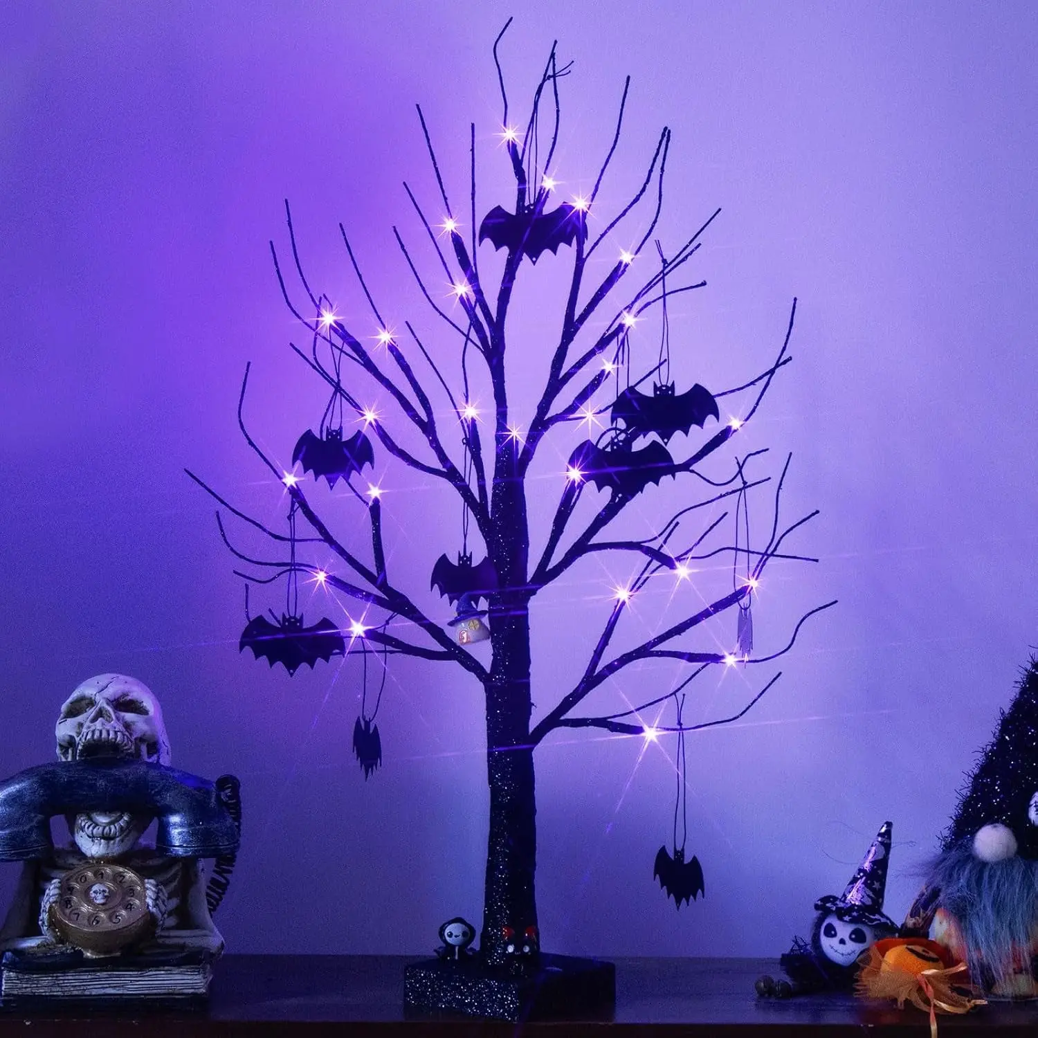 "2FT Black Halloween Tree with Purple Lights, Bat Ornaments, and Timer - Spooky Indoor Decor"
