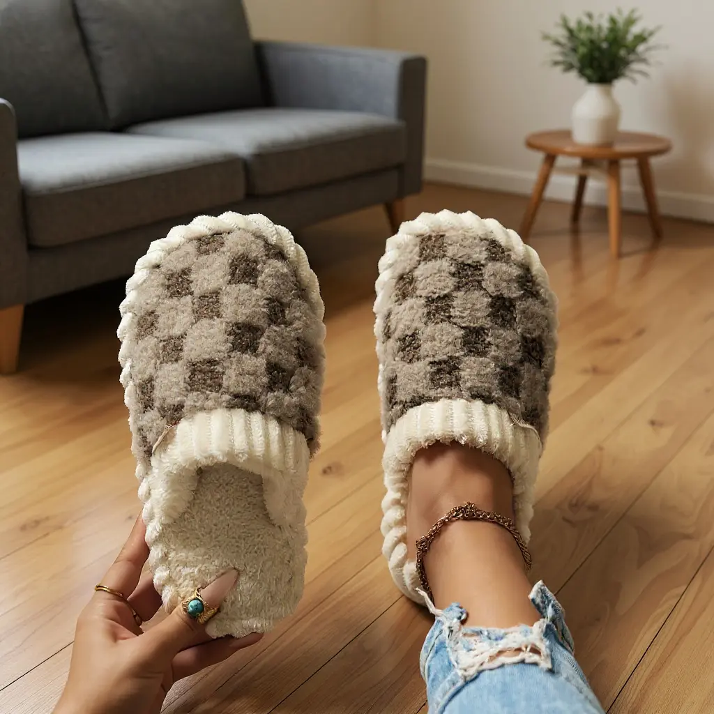 Women's Anti Slip Cozy Checkered Plaid Lightweight Round Toe Slippers - Soft Warm Fabric Upper, Quiet Fuzzy Non-Slip Soft Bottom, Comfortable Indoor Winter House Shoes, Anti Slip Slippers