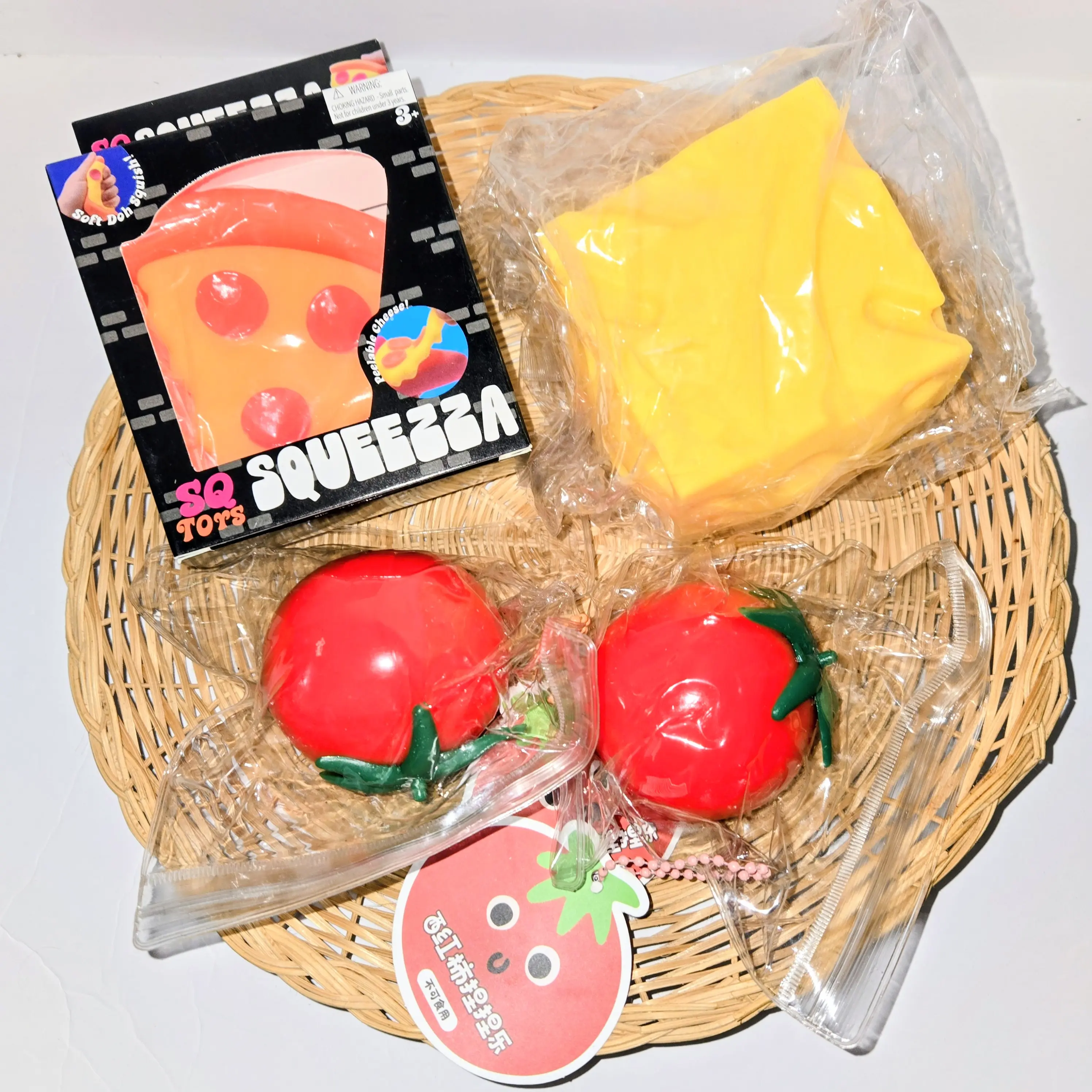 Novelty Squishy Pizza Basket Bundle - 1 Pizza, 1 Cheese, 2 Tomatoes, Unique New Gag Toy for Toys & Hobbies