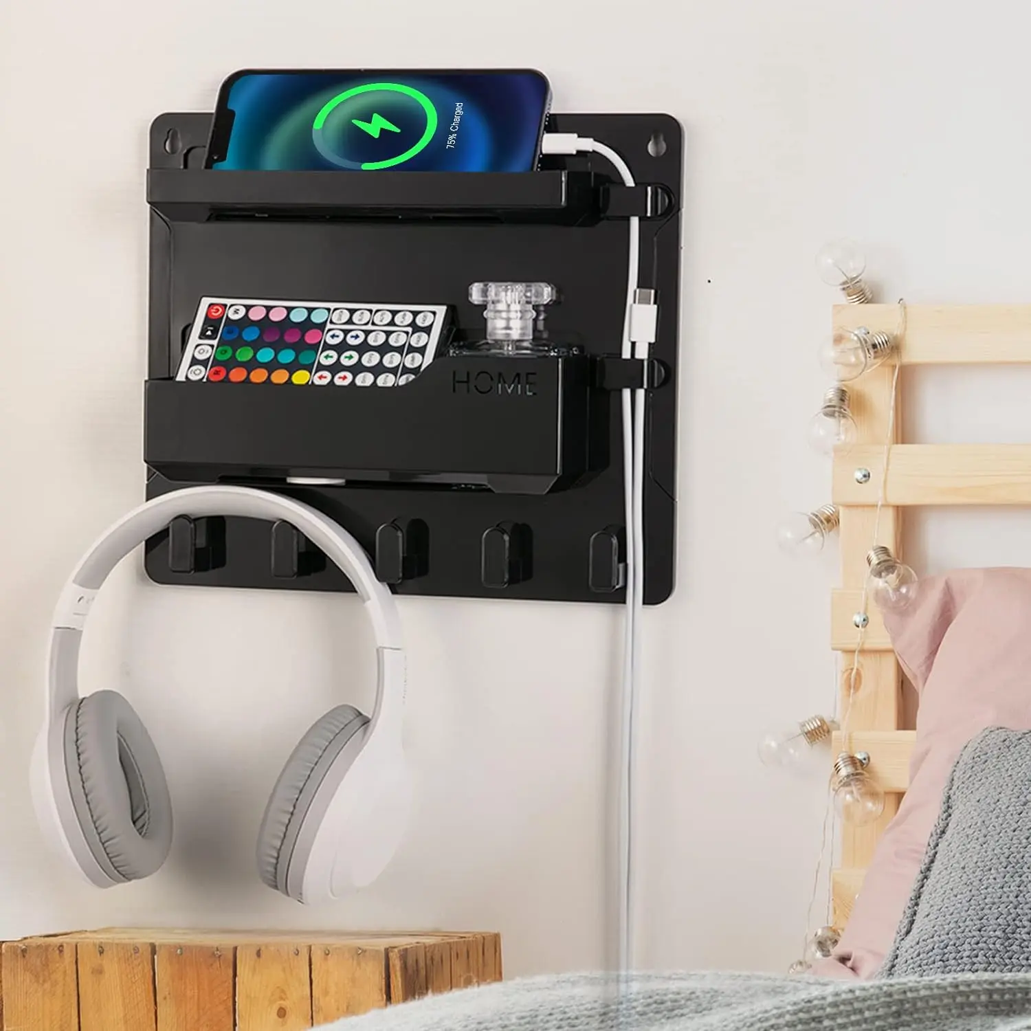 Bedside Wall Mount Shelf, Adhesive Bedside Organizer for Remote、Phone、Glasses. Bedside Accessories Storage suitable for College Dorm 、bunk bed 、 Bedroom、Rv Hanging Racks