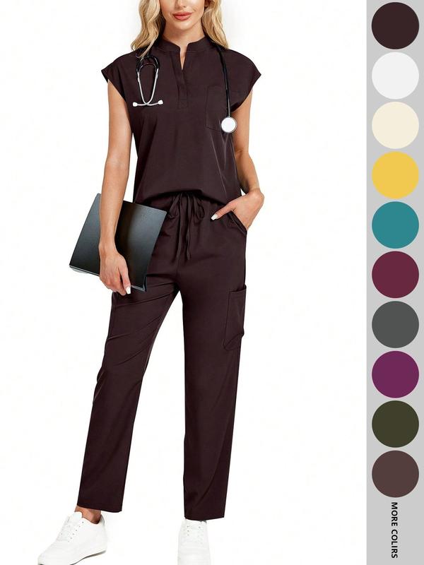 Cimmuovere Women's Solid Notched Neck Batwing Sleeve Top & Drawstring Waist Pants Two-Piece Scrub Set, Casual Cap Sleeve Top & Pocket Trousers for Summer, Vital Scrub Top, Women's Uniforms for Work, Medical Scrub Sets