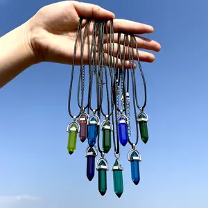 10pcs Random Color Hexagonal Prism Natural Stone Pendant Necklace