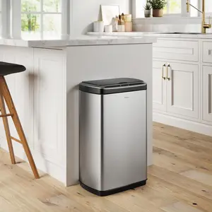 212 MAIN 13gal Motion-Sensor Kitchen Bin, Fingerprint-Resistant Stainless Steel Rectangular Touchless Trash Can with Silicone-Enhanced SoftShut Lid, Smooth Hand-Protective Design for Baby Spaces