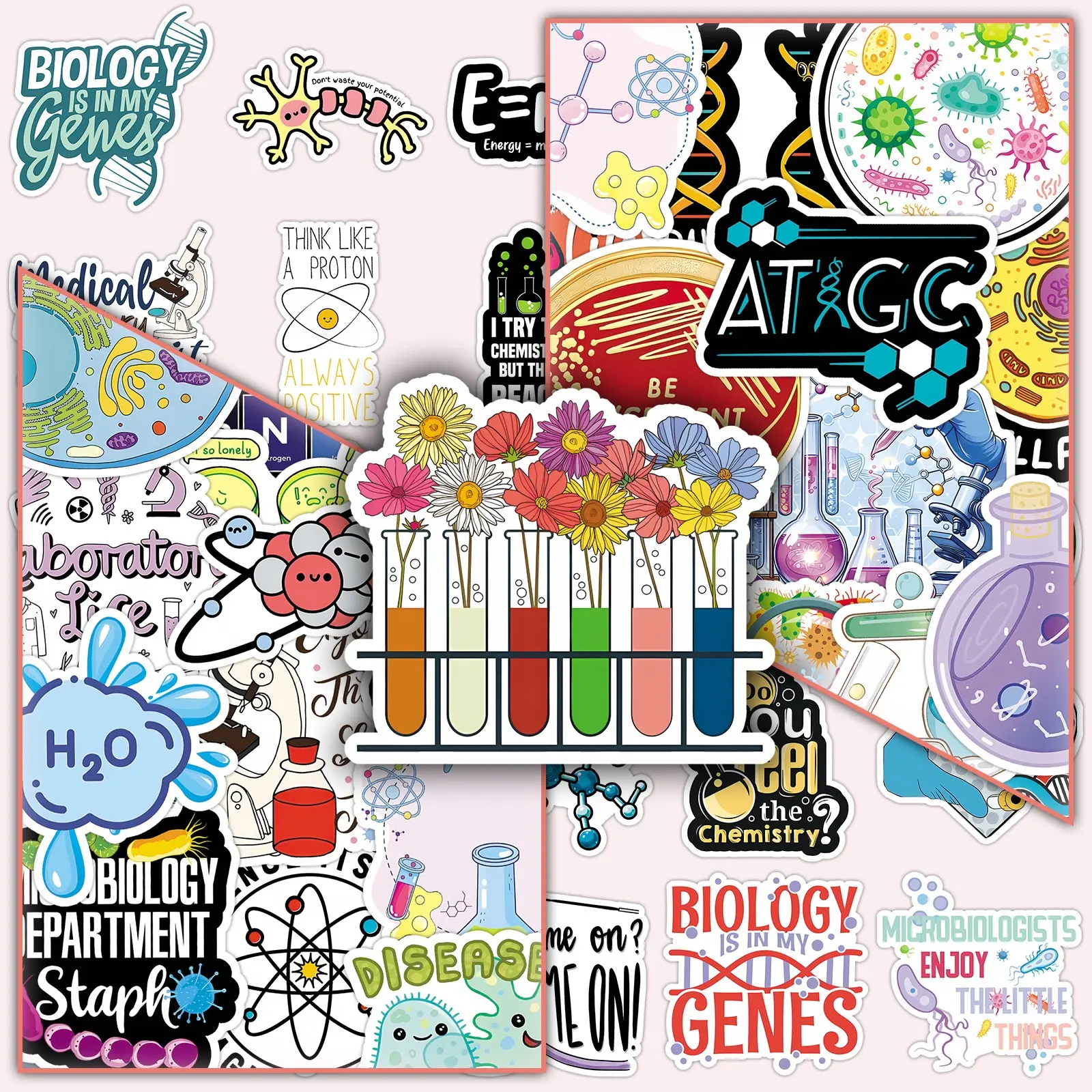 100 Sheets, Two Sets of Repeat Science Biology Chemistry Physics Creative Experiment Decorative Stickers for Scrapbooking, DIY Scrapbook & Journal Sticker Pack