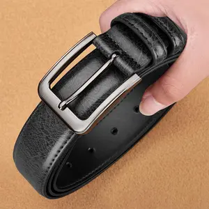 Men’s leather belt with a pin buckle featuring an adjustable classic rectangular head and a vintage cracked texture; a durable, casual yet formal dress belt suitable for various occasions—an excellent gift for Valentine’s Day and Father’s Day.