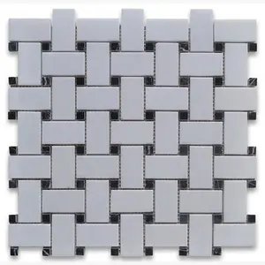 Thassos White & Black Basketweave 12x12 Polished/Honed Marble  Mosaic Tile Sample