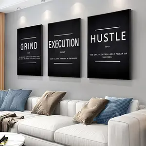3-Piece Motivational Quote Canvas Wall Art Set, "Work Hard Execute Hustle" Typography Posters for Office Bedroom Living Room Classroom Plated Gold Preserved Rose with Stand