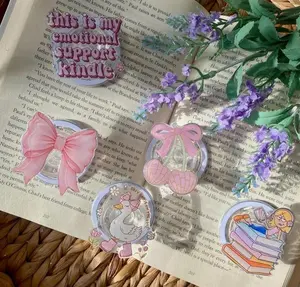 "Cute 'Emotional Support Kindle' & Pink Bow Phone Grips – Adorable Swan, Book, and Cherry Designs, Perfect for Book Lovers and Kindle Users"