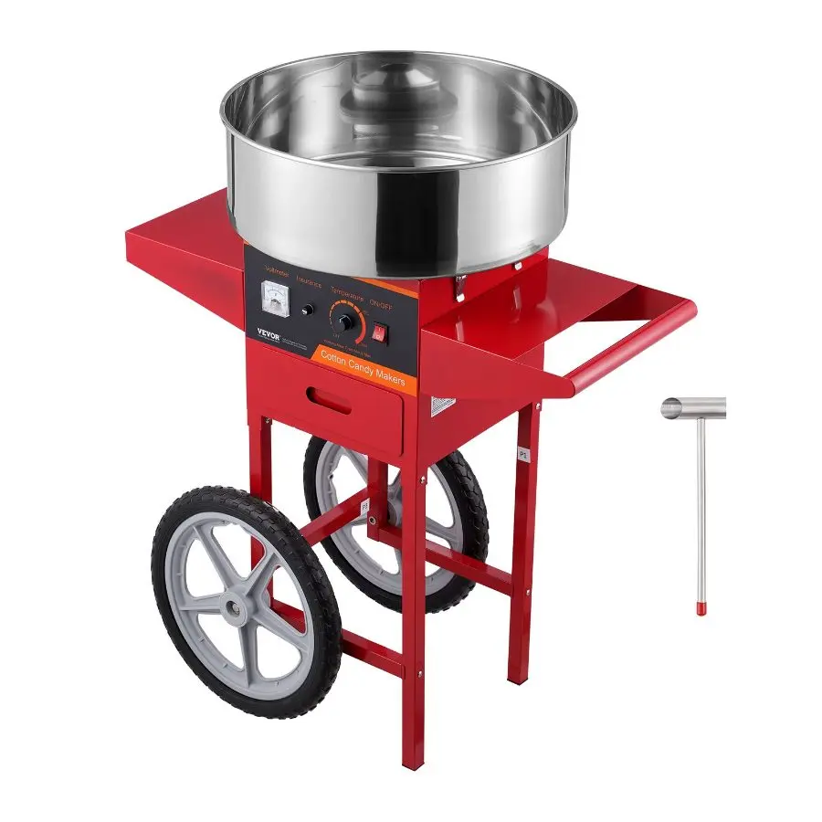 【Summerfinds】 1000W Commercial Electric Cotton Candy Machine with Stainless Steel Bowl, Cart, Sugar Scoop, Drawer, Ideal for Kids Parties, Home Use, Red