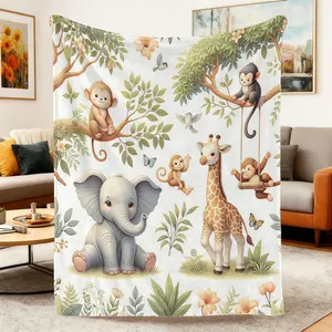 Comfy Soft Throw Blanket Grassland Animal Flannel Blanket With Leaves,elephants,giraffes And Monkey Elements For Autumn Cold-resistant Nap Blanket. Suitable For Living Room Sofa And Travel Portable Multi-purpose Blankets