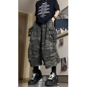 Unisex wide-leg camouflage cargo capri pants with pockets, loose casual fit, 7/8 length, denim