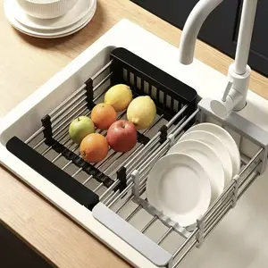Stainless Steel Telescopic Kitchen Storage Rack Adjustable Dish Drying Rack Space Saving Rust Resistant Drainer Sink Dish Organizer 5-10kg Capacity