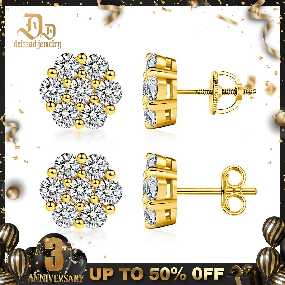 Delzzad S925 Flower Stud Earrings D Color VVS Synthetic Moissanite Stud Earrings Screw Back/Butterfly Back Birthday Anniversary Mother's Day Christmas Gifts for Men Women Studearrings
