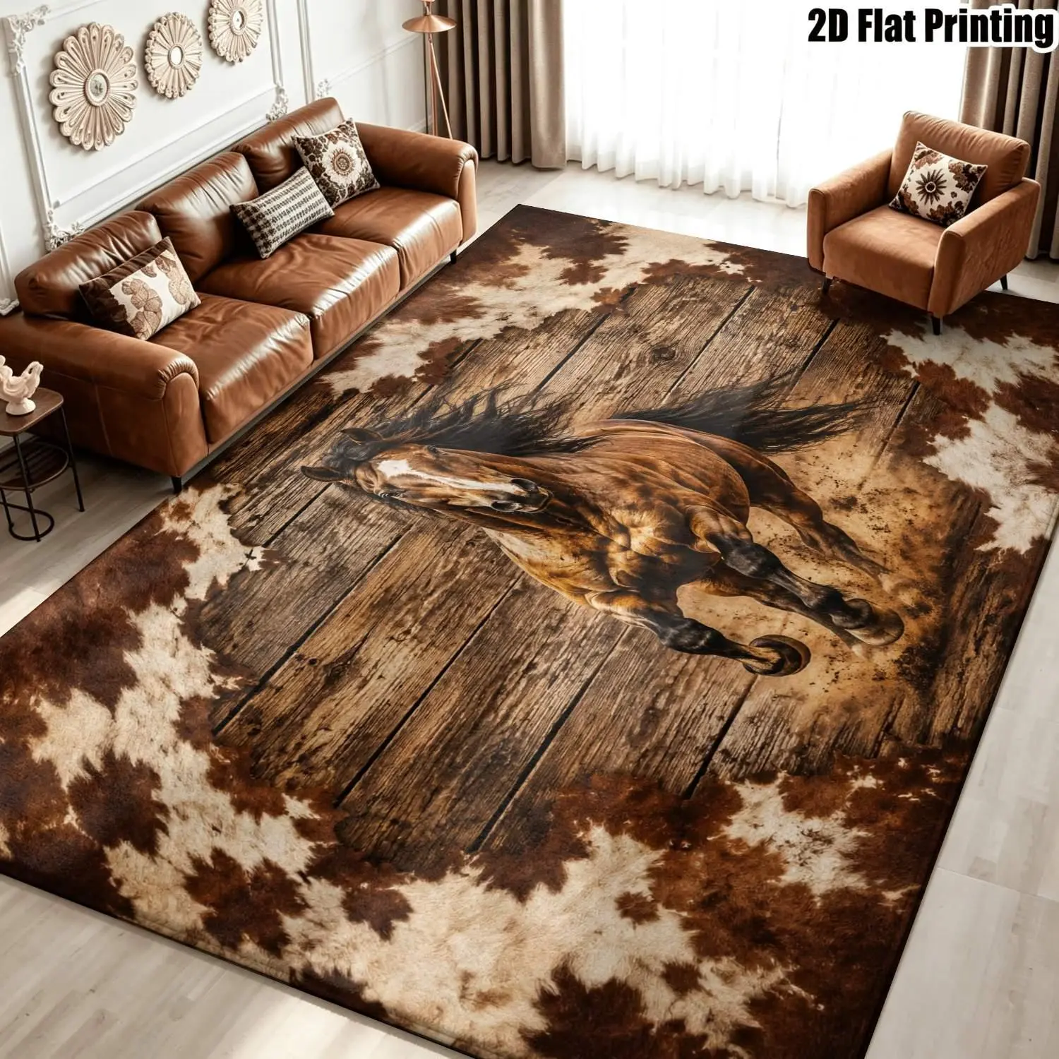 Large indoor area rug, soft velvet low pile with non-slip dotted backing, machine washable Western cowhide horse pattern rug for living room, bedroom, rustic farmhouse cabin home decor