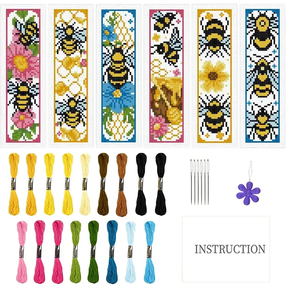 6-Piece Bee and Flower Cross Stitch Bookmark Kit, DIY Art Set for Beginners, Includes Fabric, Threads, Tools, Perfect for Sewing Lovers