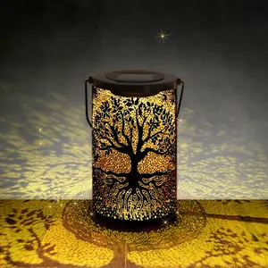 Solar Iron Tree Lantern - Outdoor Solar Lights with Metal Frame, 600mAh Battery, Water-Resistant, Automatic On/Off, Hollow Design for Lawn, Patio Decor & Gifting