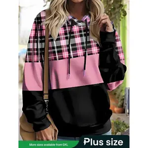 【 Plus Size 】 Checkered Printed Drawstring Hoodie, Casual Off Shoulder Long Sleeve Hoodie, Spring and Autumn Women's Daily WearRAIMENTRY