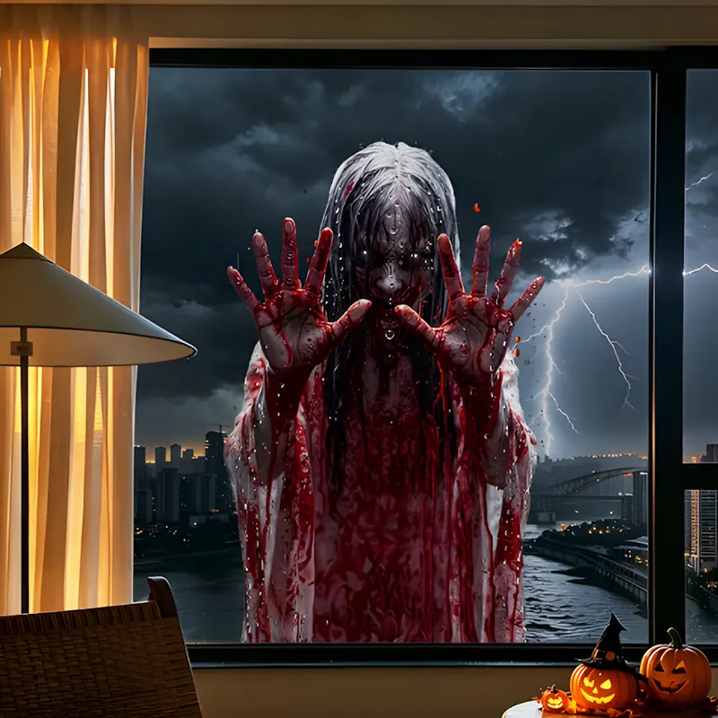 Halloween Static Window Stickers - Scary Bloody Handprint, Creepy Ghost Designs, Perfect for Horror Themed Festive Home Decor