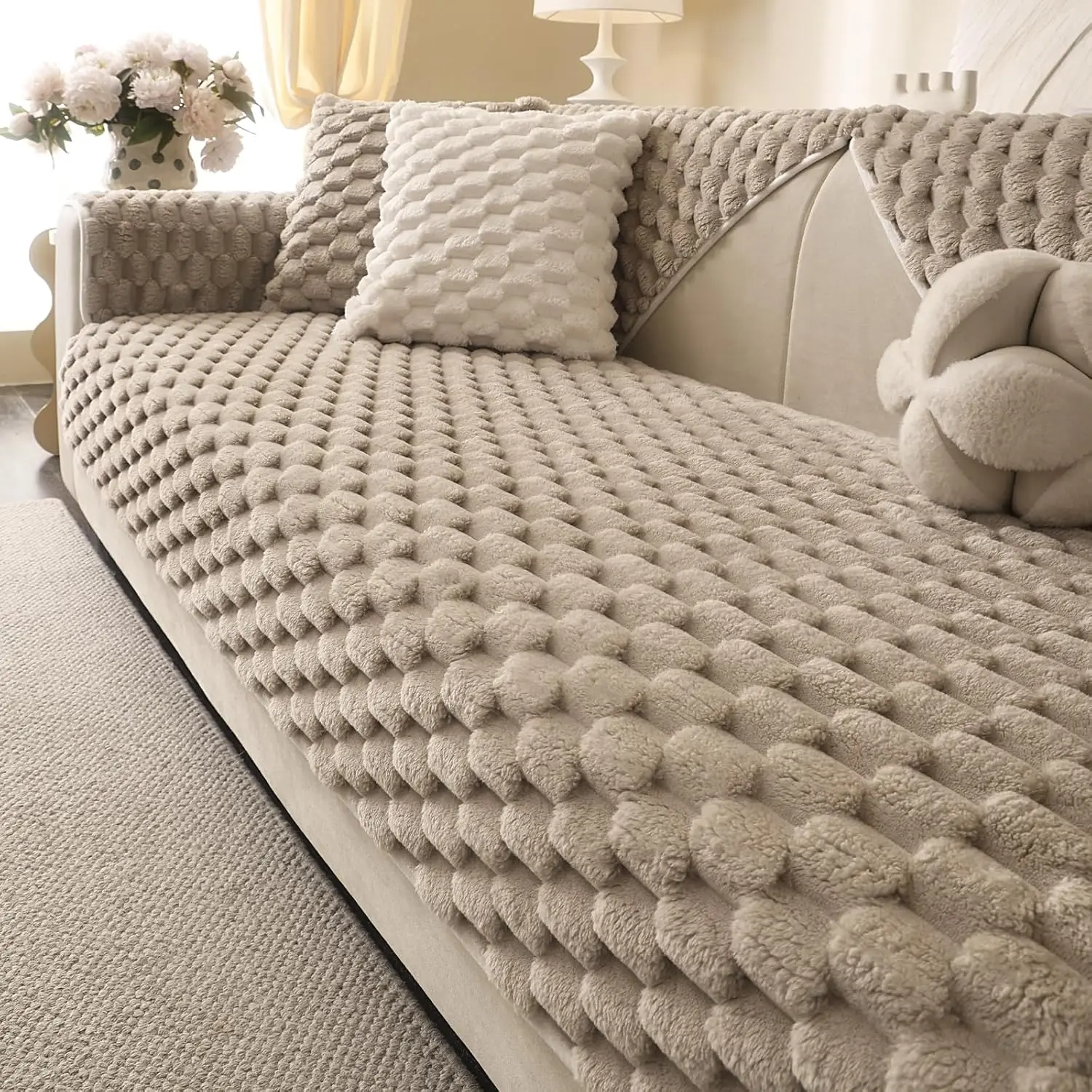 Soft Plush Faux Fabric Sofa Cover - Fluffy Non-Slip 3-Cushion Sectional Furniture Protector with Durable Cushions, 1 PCS 36"x63" Khaki