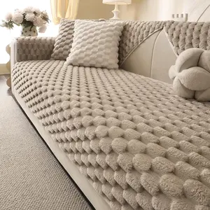 Soft Plush Faux  Couch Cover, Fluffy Non Slip Sectional Sofa Covers for 3 Cushion Couch, Furniture Protector Sofa Slipcover(1 PCS 36"x63" Khaki)