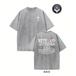 Men's Heavyweight 230gsm Cotton Vintage Washed T-Shirt - Dual-Sided "with God All Things Possible" & Cross Print, Loose Fit Hip Hop Streetwear, Round Neck Short Sleeve Casual Tee for Casual Attire, Ribbed Neckline Shirt Crewneck Knit Fabric Tshirt
