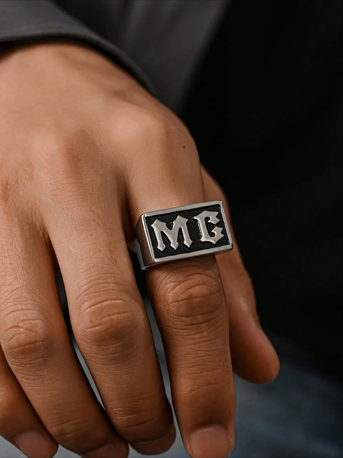 1pc Motorcycle Series Letter MC Logo Punk Style Stainless Steel Ring, Men's Style