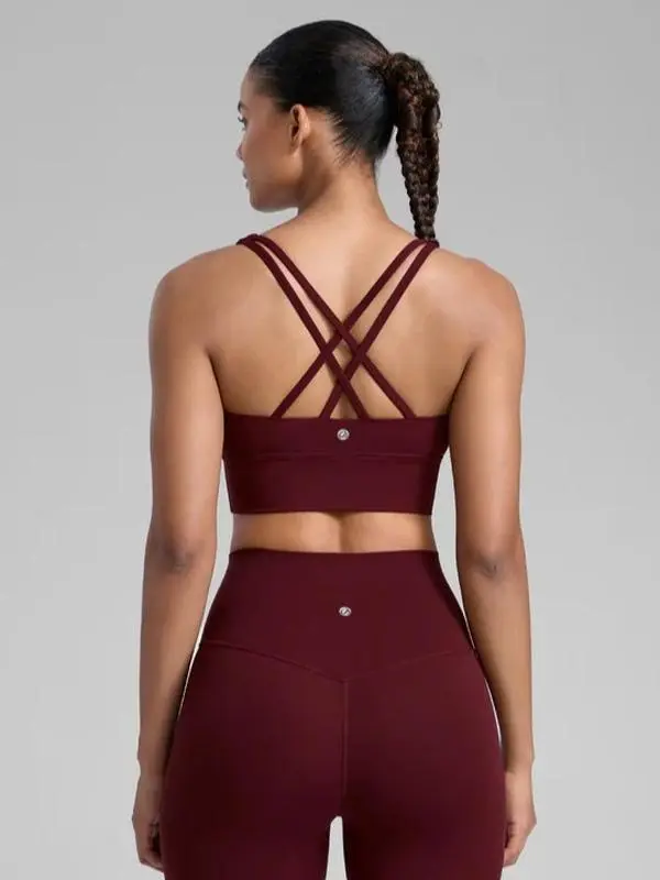 CRZ YOGA Womens Strappy Longline Sports Bra - Medium Impact Criss Cross Yoga Padded Bras Workout Crop Top