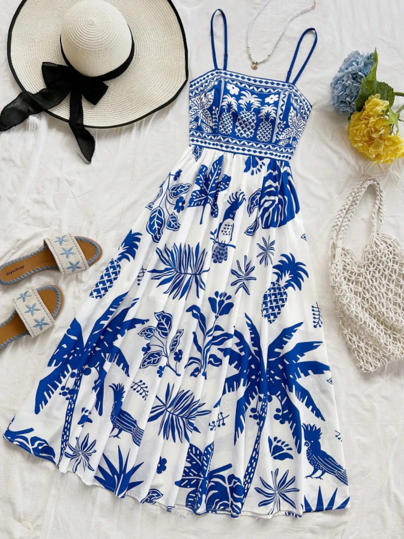 Boho Beach Dress, Bohemian Beachwear, Bohemian Casual Dress, Blue Tropical Print, Waist Cinch Halter Skirt, Vacation Style, Chic, Lightweight & Comfortable, Perfect for Summer