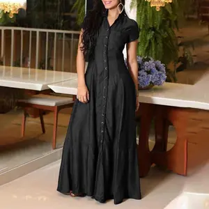 2025 long skirt shirt collar pocket big swing skirt large size casual denim dress for women Curvy Maxi
