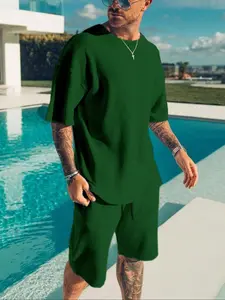 Men's Casual 2-piece Shorts Set with Stylish Loose T-shirt and Drawstring Shorts, Summer Sportswear for Daily Outdoor Relaxation & Poolside Fashion, Aesthetics Breathable Clothes