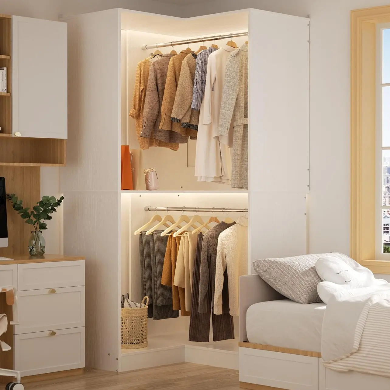 Wood Closet System L Shaped Closet Organization Small Closet System with 2 Hanging Rods Closet Corner Save space
