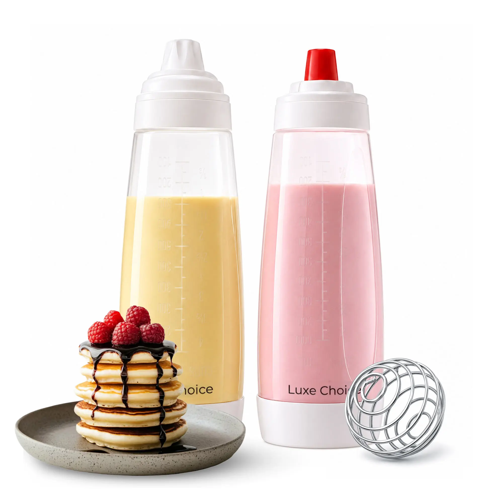 Pancake Batter Dispenser with Blender Ball & Wire Whisk, Squeeze Pancake Dispenser Mixer Bottle with Stainless Steel wire Ball, Suitable for Pancakes Crepes Waffle Muffins Qatayef Cupcak (Pack of 1)